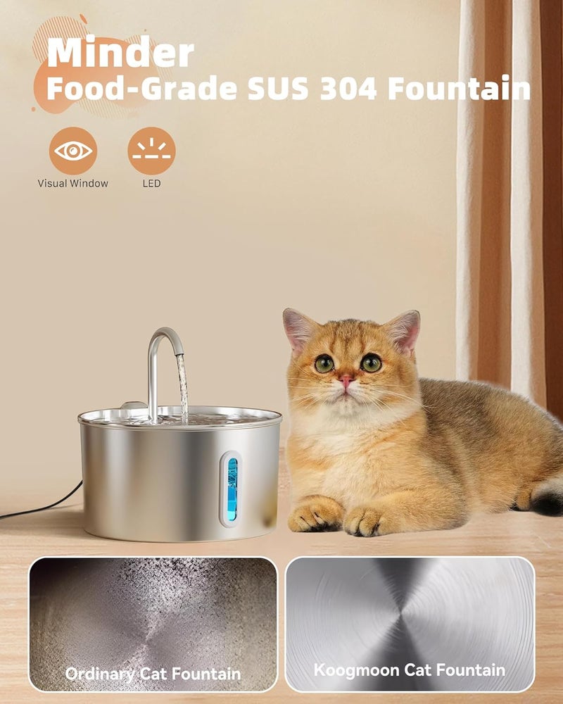 KOOGMOON Cat Water Fountain Stainless Steel: 108oz/3.2L Cat Fountain for Drinking - Pet Water Fountain for Cats Inside - Automatic Cat Water Dispenser Bowl - Cat Feeding & Watering Supplies 6 Filters 3 Sponges - Image 4